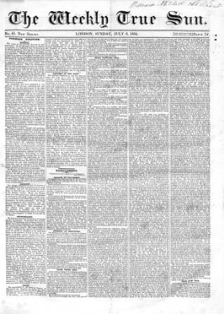 cover page of Weekly True Sun published on July 6, 1834