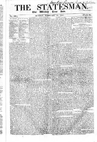 cover page of Weekly True Sun published on February 28, 1841
