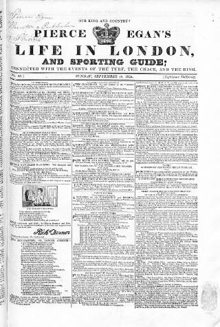 cover page of Pierce Egan's Life in London, and Sporting Guide published on September 18, 1825