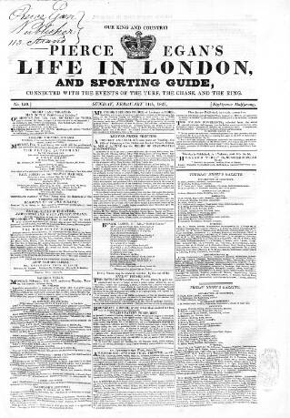 cover page of Pierce Egan's Life in London, and Sporting Guide published on February 11, 1827