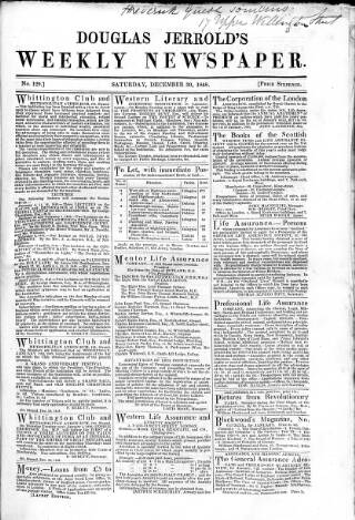cover page of Douglas Jerrold's Weekly Newspaper published on December 30, 1848