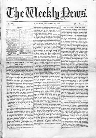 cover page of Douglas Jerrold's Weekly Newspaper published on November 30, 1850