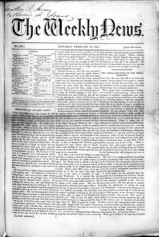 cover page of Douglas Jerrold's Weekly Newspaper published on February 22, 1851