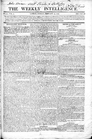 cover page of Weekly Intelligence published on February 15, 1818