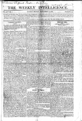 cover page of Weekly Intelligence published on September 6, 1818