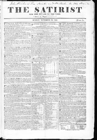 cover page of Satirist; or, the Censor of the Times published on November 30, 1834