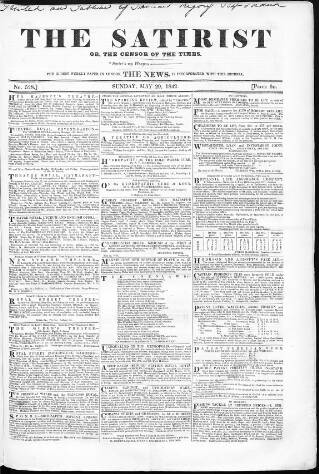 cover page of Satirist; or, the Censor of the Times published on May 29, 1842