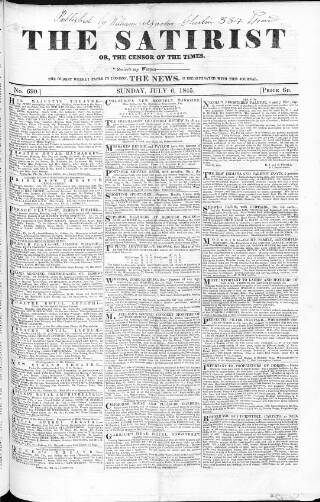 cover page of Satirist; or, the Censor of the Times published on July 6, 1845