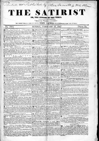 cover page of Satirist; or, the Censor of the Times published on February 28, 1847