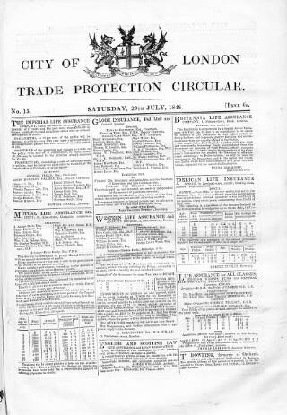 cover page of City of London Trade Protection Circular published on July 29, 1848