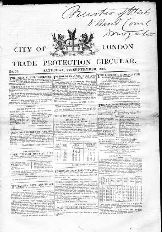 cover page of City of London Trade Protection Circular published on September 2, 1848
