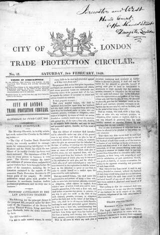 cover page of City of London Trade Protection Circular published on February 3, 1849