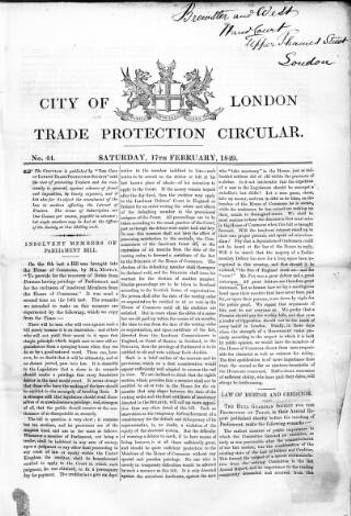 cover page of City of London Trade Protection Circular published on February 17, 1849
