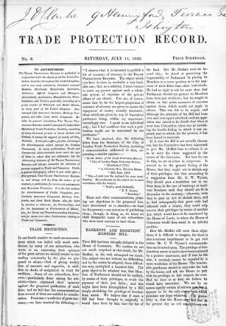 cover page of Trade Protection Record published on July 14, 1849