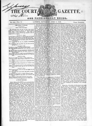 cover page of Court Gazette and Fashionable Guide published on July 6, 1839