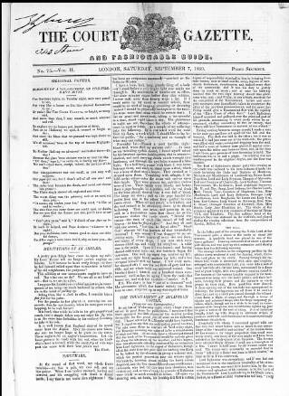 cover page of Court Gazette and Fashionable Guide published on September 7, 1839