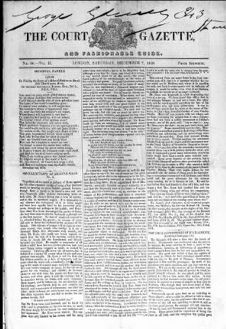 cover page of Court Gazette and Fashionable Guide published on December 7, 1839