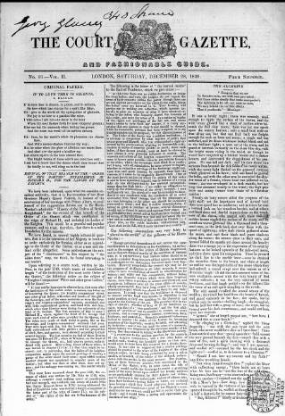 cover page of Court Gazette and Fashionable Guide published on December 28, 1839