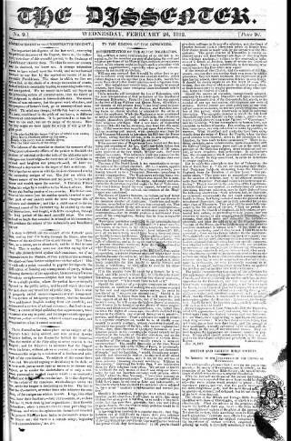 cover page of Dissenter published on February 26, 1812