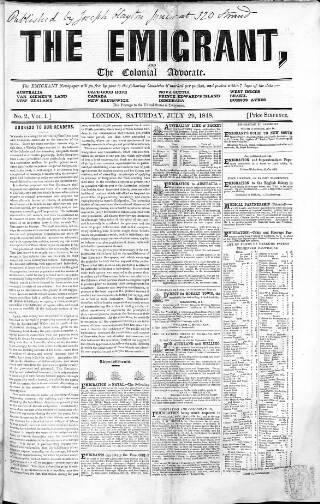 cover page of Emigrant and the Colonial Advocate published on July 29, 1848
