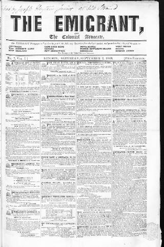 cover page of Emigrant and the Colonial Advocate published on September 2, 1848