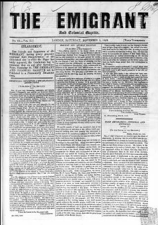 cover page of Emigrant and the Colonial Advocate published on November 3, 1849