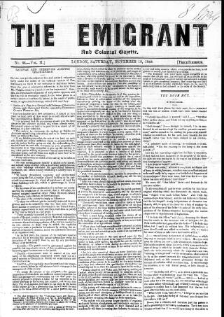 cover page of Emigrant and the Colonial Advocate published on November 10, 1849