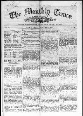 cover page of Monthly Times published on February 8, 1847