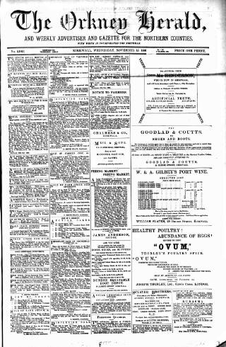 cover page of Orkney Herald, and Weekly Advertiser and Gazette for the Orkney & Zetland Islands published on November 15, 1899