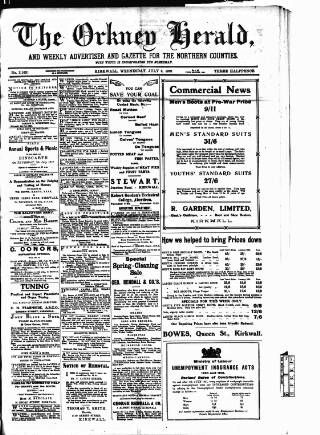 cover page of Orkney Herald, and Weekly Advertiser and Gazette for the Orkney & Zetland Islands published on July 6, 1921