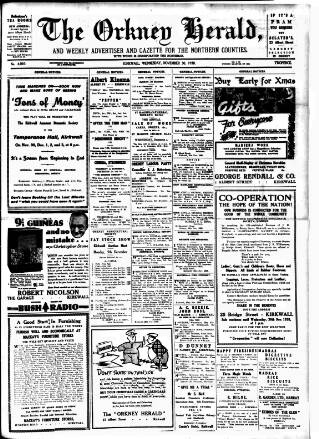 cover page of Orkney Herald published on November 30, 1938