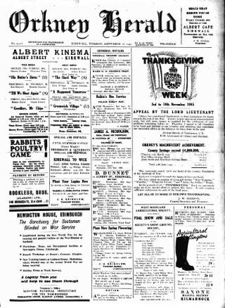 cover page of Orkney Herald, and Weekly Advertiser and Gazette for the Orkney & Zetland Islands published on September 18, 1945