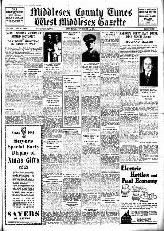 cover page of Middlesex County Times published on November 15, 1941