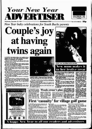 cover page of Amersham Advertiser published on December 30, 1998