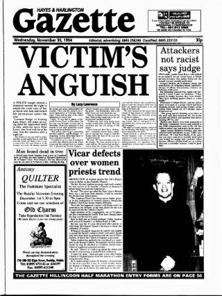 cover page of Hayes & Harlington Gazette published on November 30, 1994