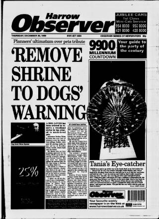 cover page of Harrow Observer published on December 30, 1999