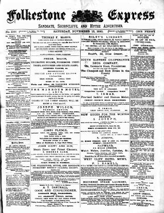 cover page of Folkestone Express, Sandgate, Shorncliffe & Hythe Advertiser published on November 15, 1890