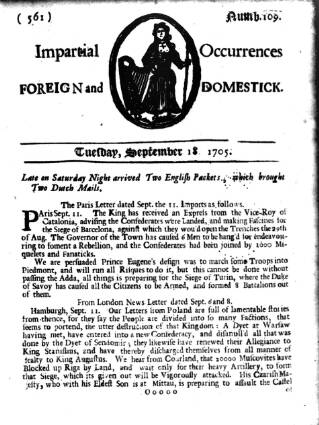cover page of Pue's Occurrences published on September 18, 1705