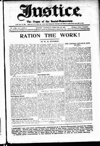 cover page of Justice published on February 28, 1918