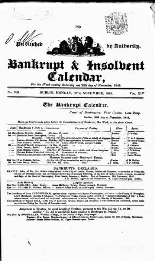 cover page of Bankrupt & Insolvent Calendar published on November 30, 1846