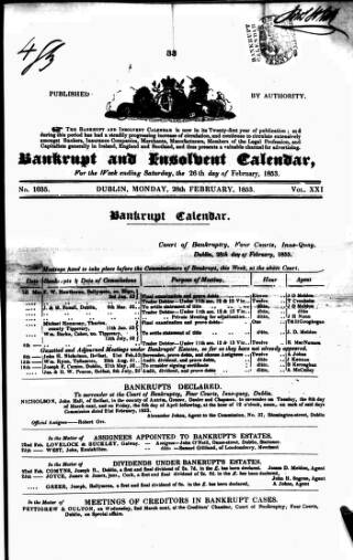 cover page of Bankrupt & Insolvent Calendar published on February 28, 1853