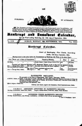 cover page of Bankrupt & Insolvent Calendar published on September 18, 1854