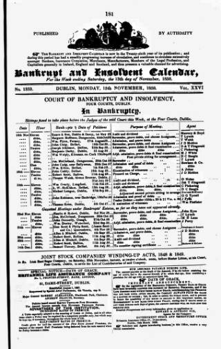 cover page of Bankrupt & Insolvent Calendar published on November 15, 1858