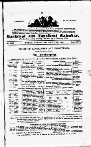 cover page of Bankrupt & Insolvent Calendar published on February 28, 1859