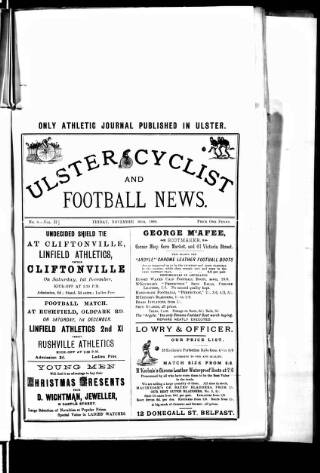 cover page of Ulster Football and Cycling News published on November 30, 1888