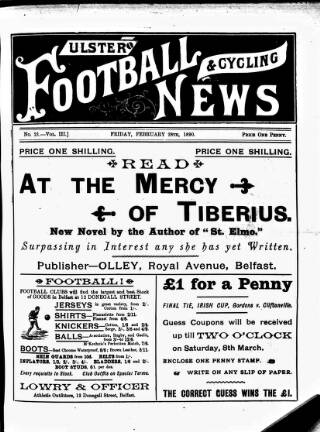 cover page of Ulster Football and Cycling News published on February 28, 1890