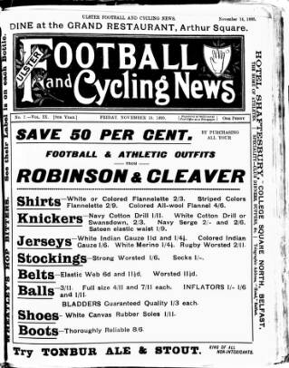 cover page of Ulster Football and Cycling News published on November 15, 1895