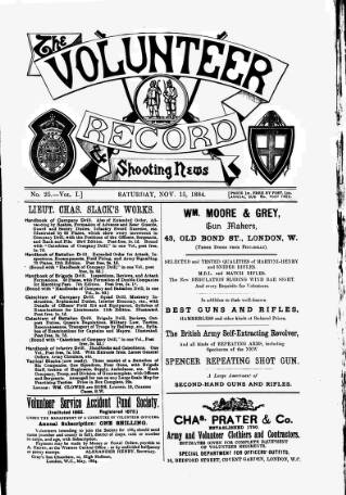 cover page of Volunteer Record & Shooting News published on November 15, 1884