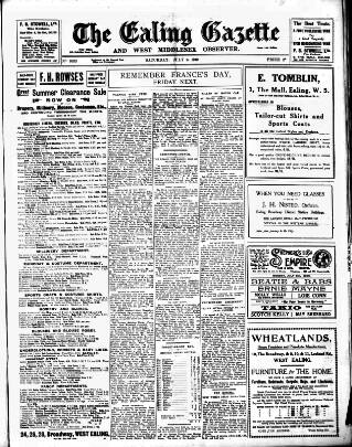 cover page of Ealing Gazette and West Middlesex Observer published on July 6, 1918