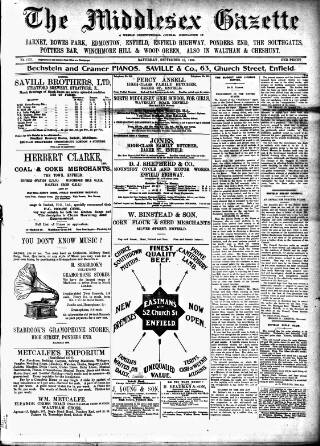 cover page of Middlesex Gazette published on September 18, 1909